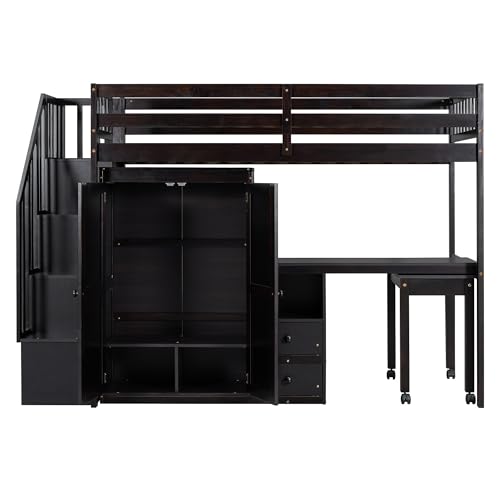 Harper & Bright Designs Twin Size Loft Bed with Stairs and Bookshelf, Wood Twin Storage Bed with Desk & Wardrobe