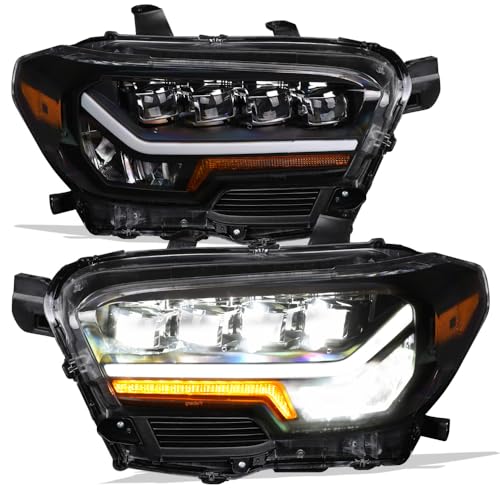 7422444293245 Compatible With 2016-2022 Toyota Tacoma Non-Factory LED DRL Black Housing Full LED Sequential Quad Projector Headlights With Amber