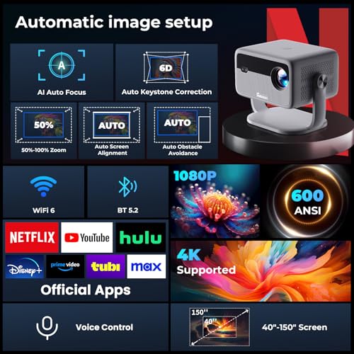 【Netflix Officially Licensed & Auto Image Set-up】Smart Projector with WiFi and Bluetooth,600 ANSI Native 1080P Voice Control Outdoor Movie Projector