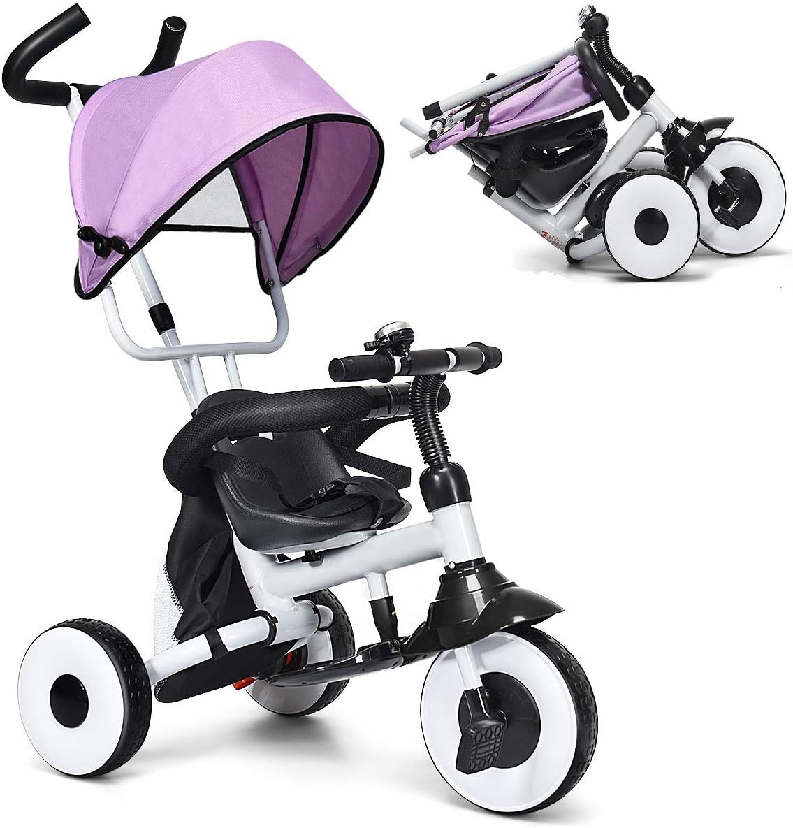 Baby Joy Tricycle for Toddlers, Folding Trike w/Adjustable Parent Handle, Canopy, Storage Bag, Safety Harness & Wheel Brakes