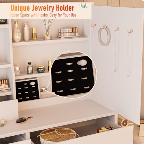 ALEAVIC Vanity Desk with Mirror and LED Lights, Makeup Vanity Set with Power Outlet, and Stool,Jewelry Storage,White Vanity Desk for Bedroom