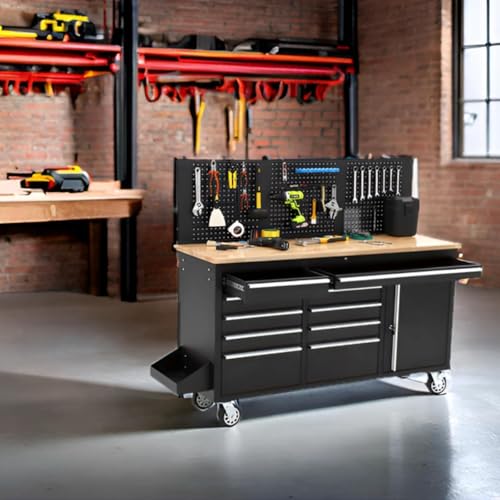 61inch Rolling Tool Chest, Garage Workbench Storage Tool Cabinet 10 with Drawers, Solid Rubber Wood Top with Power Strip, LBS Load Mobile Workstation