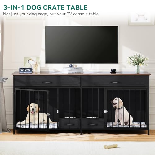 DWVO Double Dog Crate TV Stand with Dog Feeder, 74.8" Wooden Large Dog Kennel with Storage, Double Dog Crate Furniture for 2 Small Medium Dogs, Brown