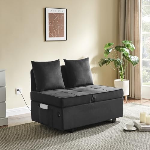 Sofa Bed 4-in-1 Convertible Pull Out Couch, Velvet Love seat Couch Sleeper Chair Bed with 2 Throw Pillow
