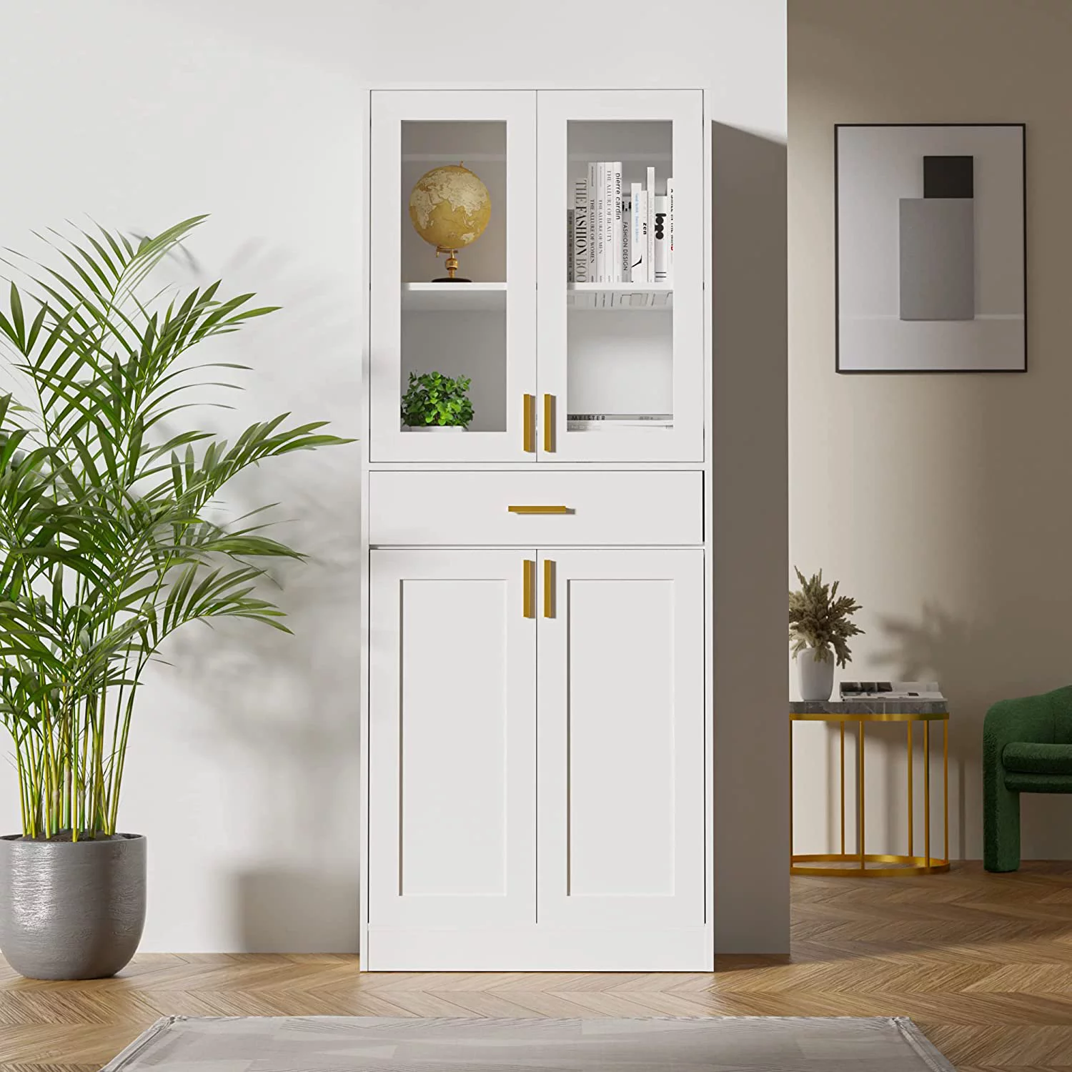 Cozy Castle 70" Tall White Display Cabinet, Pantry Cabinet with Acrylic Glass Doors and Drawer, China Cabinet, Office Storage Cabinet, Bookcase