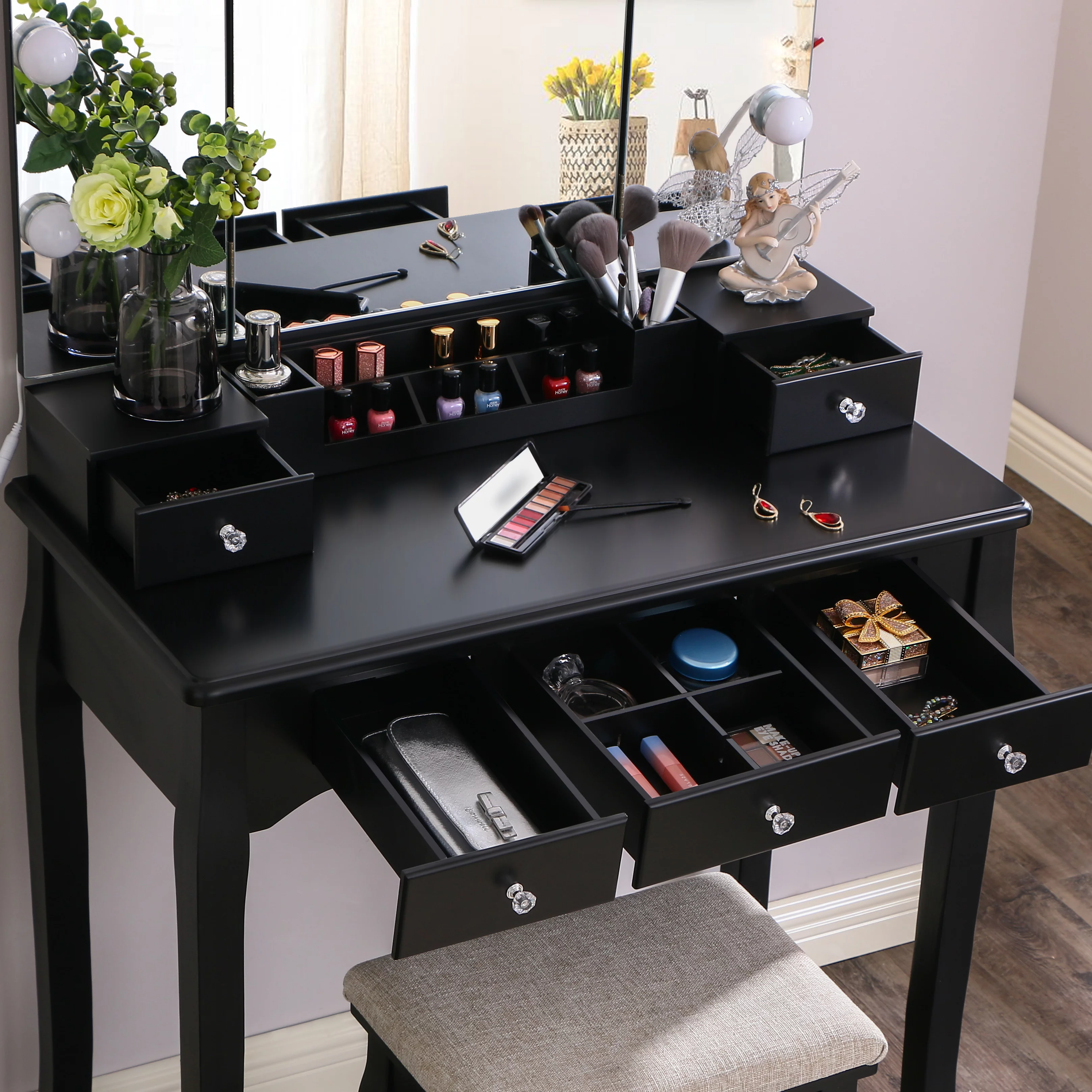 BEWISHOME Vanity Set with Lighted Mirror, Makeup Vanity with Tri-Folding Mirror 10 LED Bulbs
