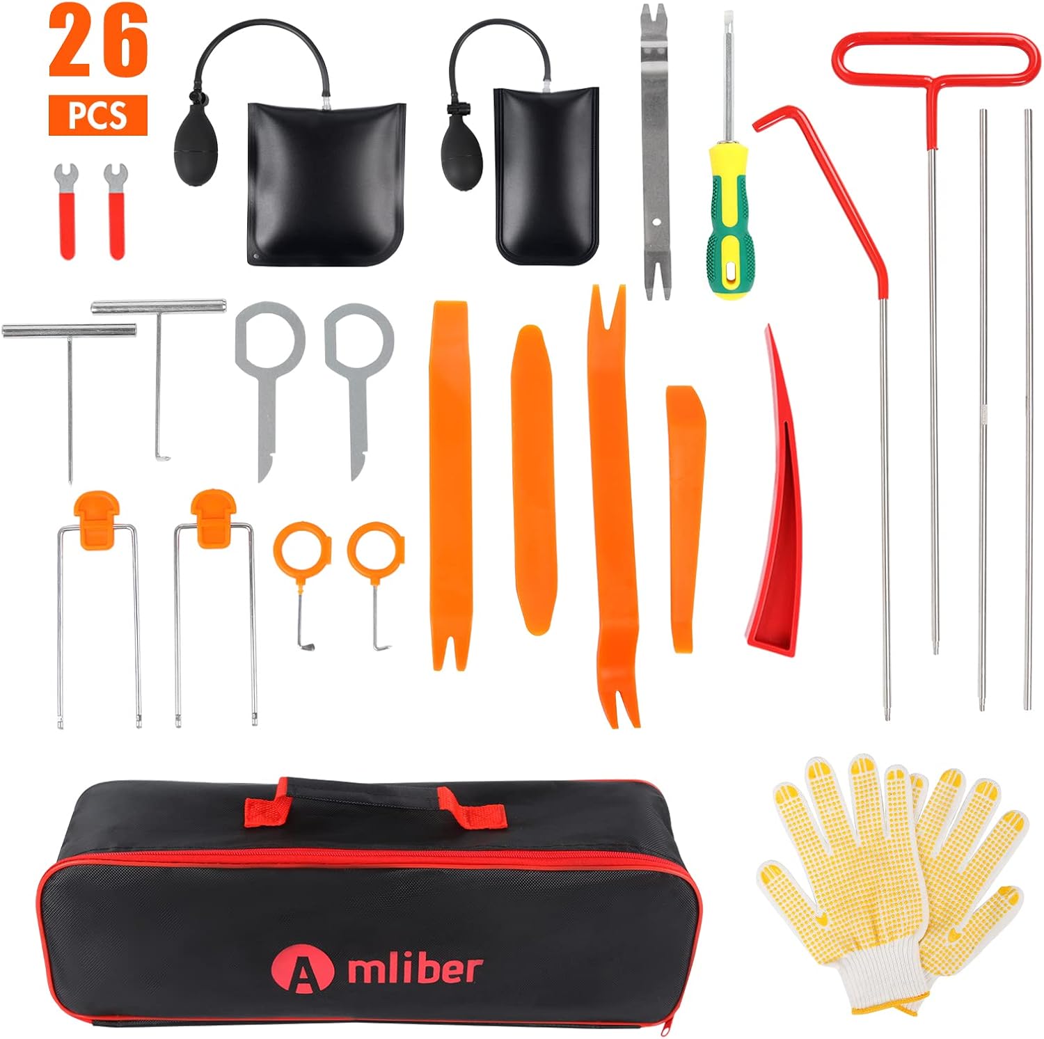 Amliber 26Pcs Car Tool Kit with Non Marring Wedge, Air Pump Bag, Stainless Steel Long Reach Tools, Auto Trim Removal Tool