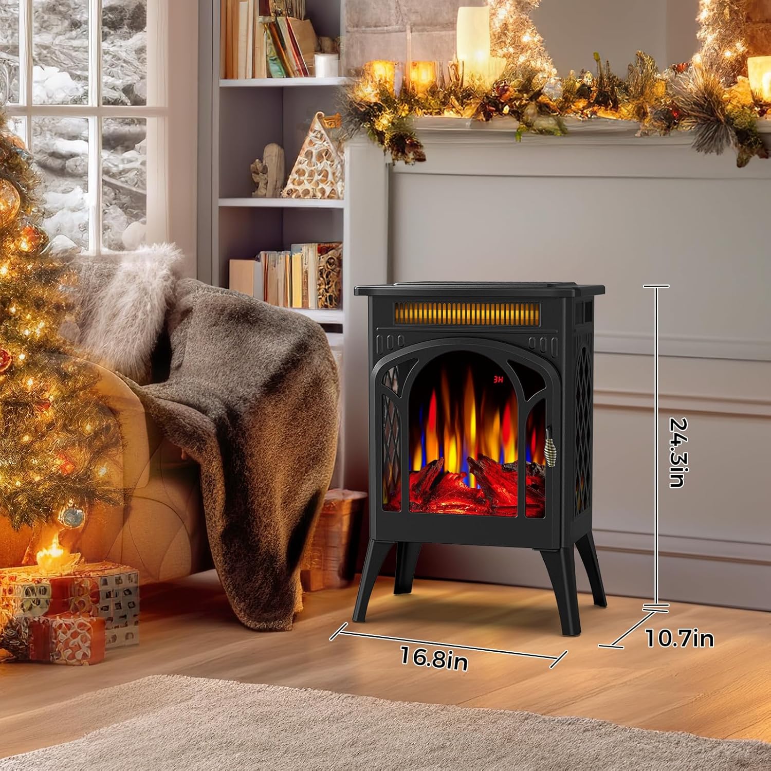 COWSAR Electric Fireplaces, 1500W Infrared Electric Stove Heater, Efficient Heating, 3D Realistic Flame, Remote Control, 8H Timer