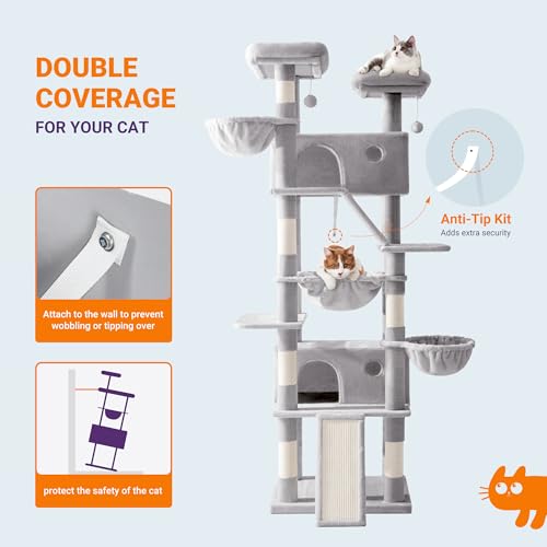 Allewie 81 Inches Tall Cat Tree/Multi-Level Large Climbing Tree House and Towers for Big Feline/Condo and Hammock/Scratching Post/Wide Base/Dark Grey