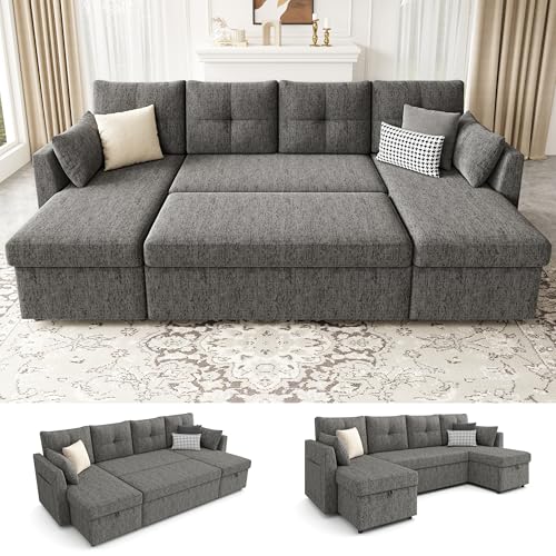 Oversized Sleeper Sofa Couch, 110 inch 2 in 1 Pullout Couch Bed with Double Storage Chaise