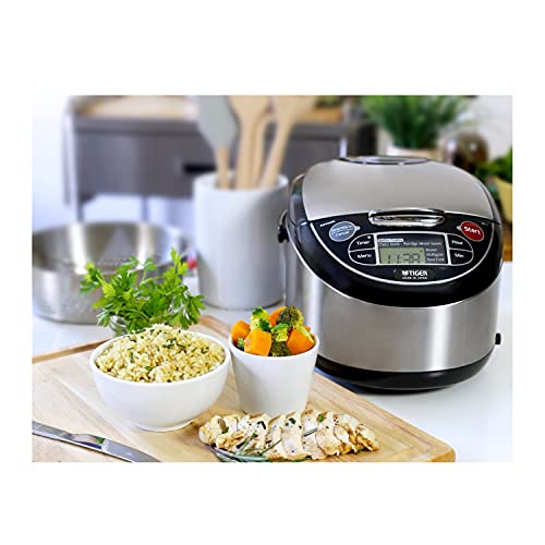 Tiger Micom Rice Cooker with Food Steamer & Slow Cooker, Stainless Steel Black