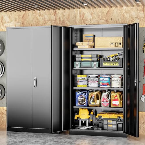 INTERGREAT Metal Storage Cabinets 72” Black Garage Steel Storage Cabinet with Doors and Shelves, Metal Tool Cabinet