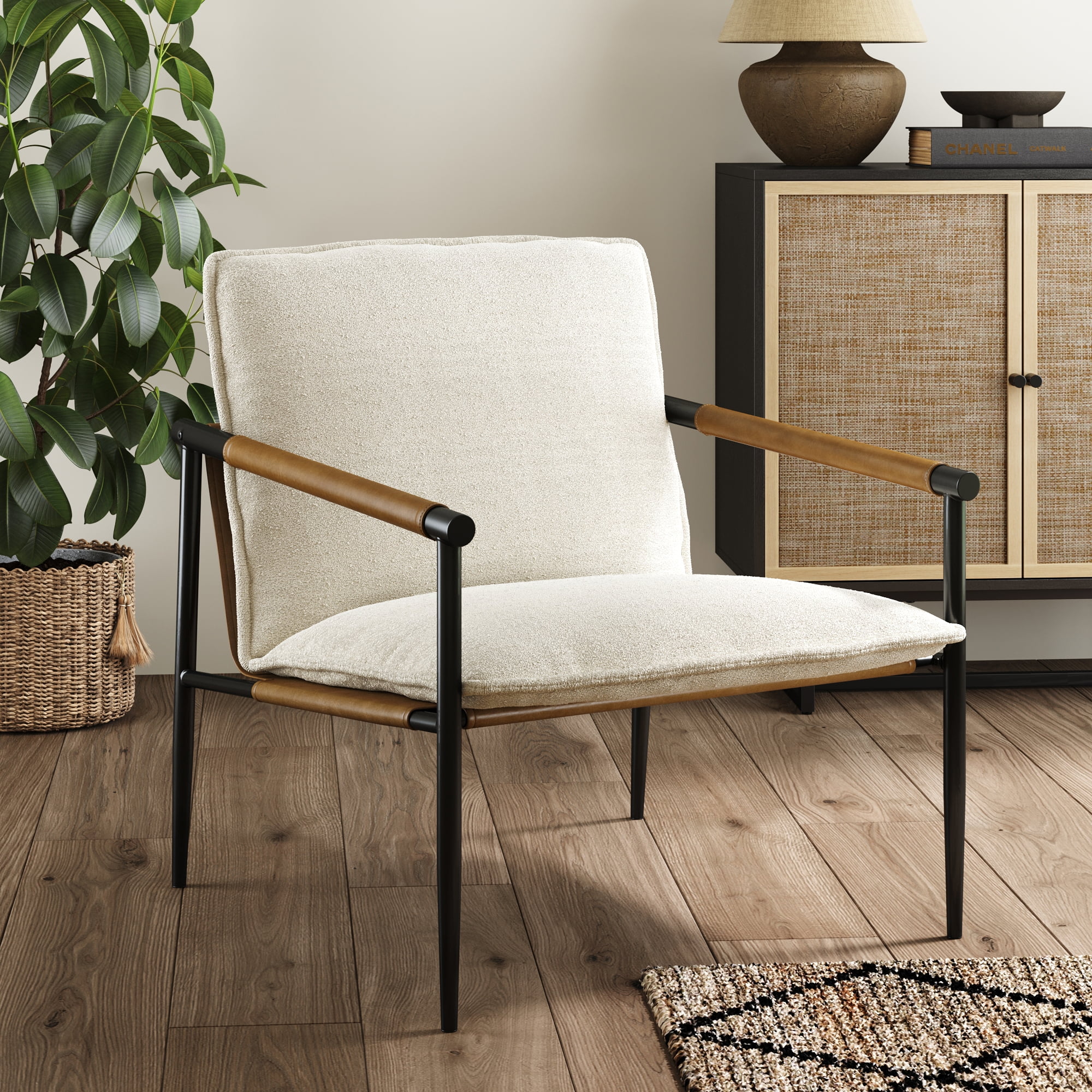 Nathan James Omel Lounge Reading Chair, Modern Living Room Accent Chair with Metal Frame and Boucle Upholstery, White/Black - Radiant Selections