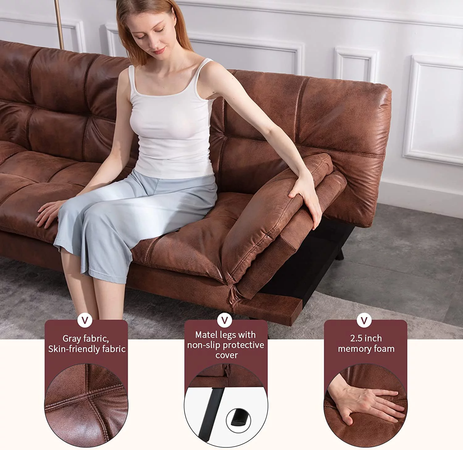 Leather Futon Sofa Bed,Convertible Memory Foam Couch Bed,Futon Sets Daybed with Mattress Included