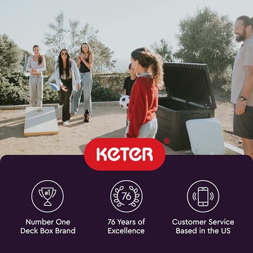 Keter Outdoor Storage Deck Box, 150 Gallon Resin Patio Bin & Bench, Wood Grain, Brown