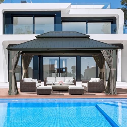Domi 10' x 10' Hardtop Gazebo Outdoor Metal Gazebo with Galvanized Steel Double Roof Canopy, Curtains and Netting for Patio, Backyard, Deck