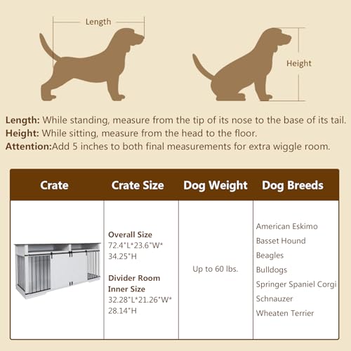 Aoowow Large Double Dog Crate Furniture 72.4" Indoor Dog Kennel with Sliding Barn Door and Divider