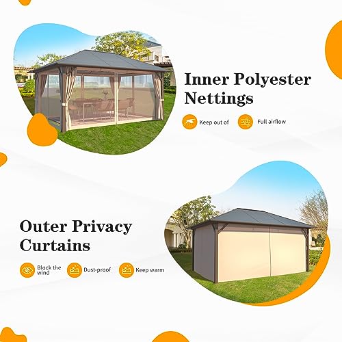 YOLENY 10'x13' Hardtop Gazebo, Outdoor Polycarbonate Double Roof Canopy, Aluminum Frame Permanent Pavilion with Curtains and Netting