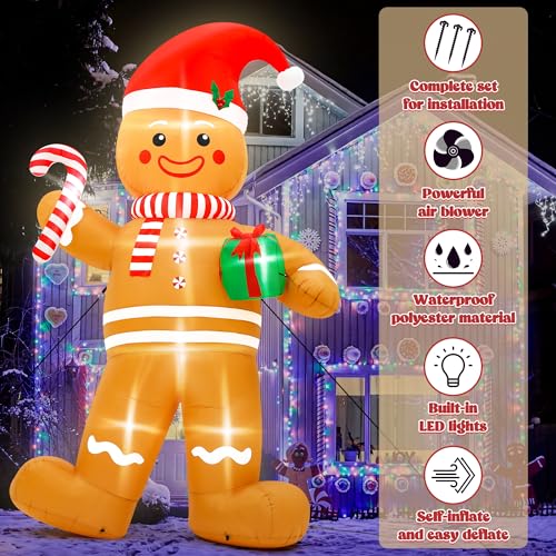 15FT Christmas Inflatables, Giant Inflatable Santa Claus Holding Gift Bags, Blow Up Christmas Santa Claus with 8pcs LED