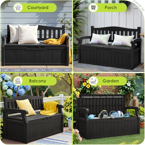 Greesum 80 Gallon Outdoor Storage Bench, Resin Patio Furniture with Armrest,Waterproof and UV-Resistant, Perfect to Garden, Poolside and Lawn