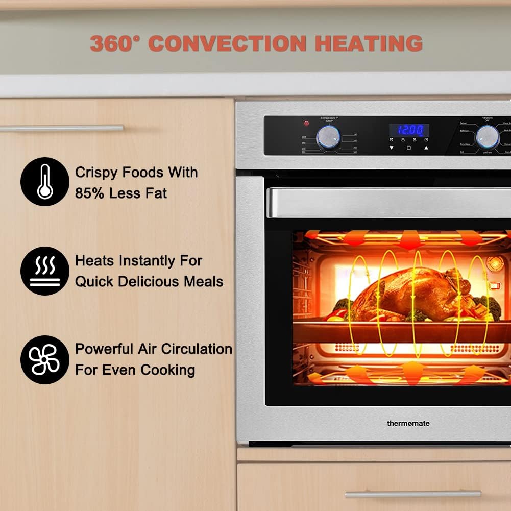 24 Single Wall Oven, thermomate 2.3 Cu.ft. Built-in Electric Wall Oven with 5 Cooking Functions, 2000W Electric Ovens with Stainless Steel Finish