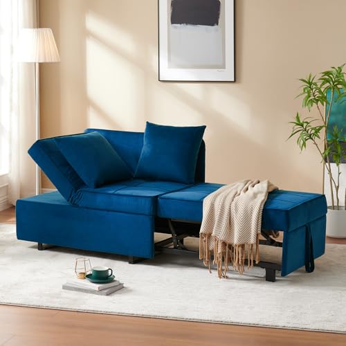 Sofa Bed 4-in-1 Convertible Pull Out Couch, Velvet Love seat Couch Sleeper Chair Bed with 2 Throw Pillow