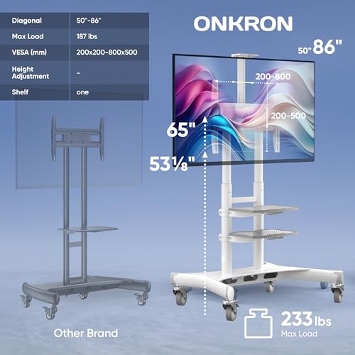 ONKRON Mobile TV Stand on Wheels for 50-86 Inch TVs, max Load up to 233 lbs, Adjustable Height TV Stand Movable, max VESA 800x500 - Portable