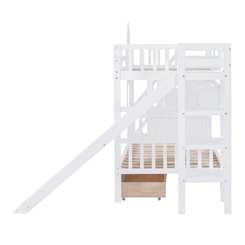 SOFTSEA Twin Over Twin Bunk Bed with Slide and Storage Solid Wood Bunk Bed Frame with Staircase and Drawers, Pink