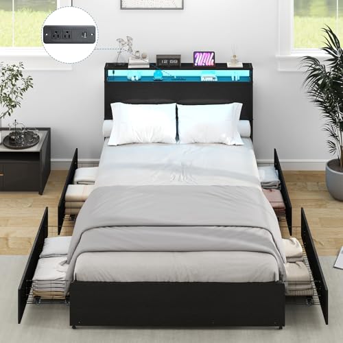 Full Size Bed Frame with Headboard, LED Platform Bed with 4 Storage Drawers, Built in Charging Station, Noise-Free, Metal Support Base
