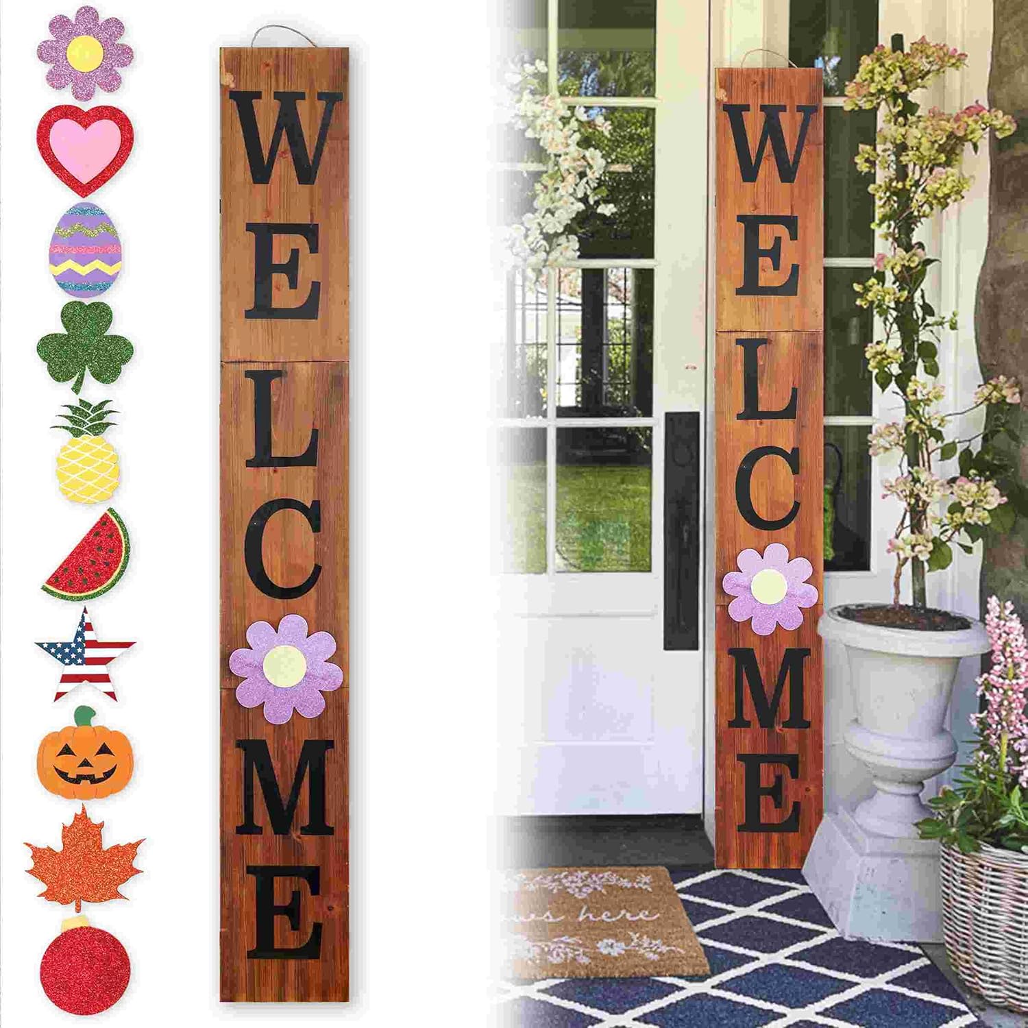 Outdoor Welcome Sign for Front Porch Decor, Interchangeable Seasonal Icons Vertical Welcome Sign, Modern Farmhouse Decor for The Home