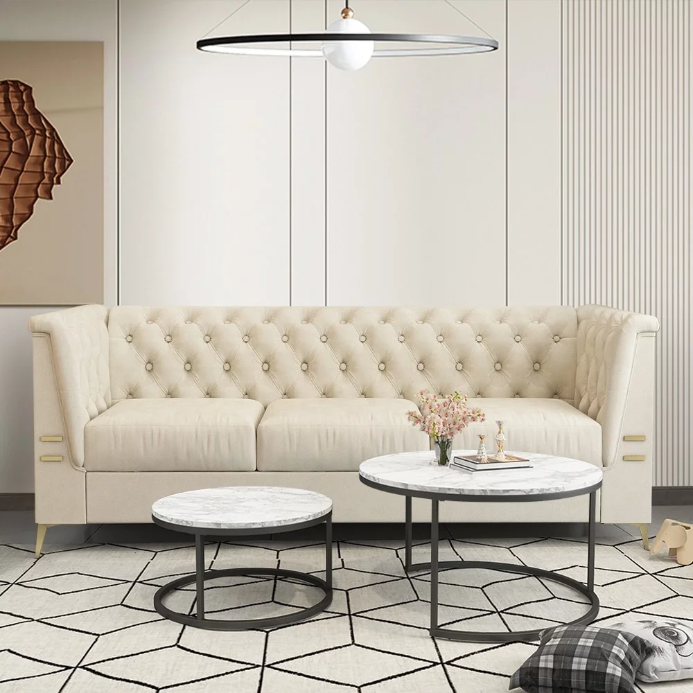 Modern 3-Color Velvet Flared Arm Sofa 3-Seat Couch with Gold Legs Beige