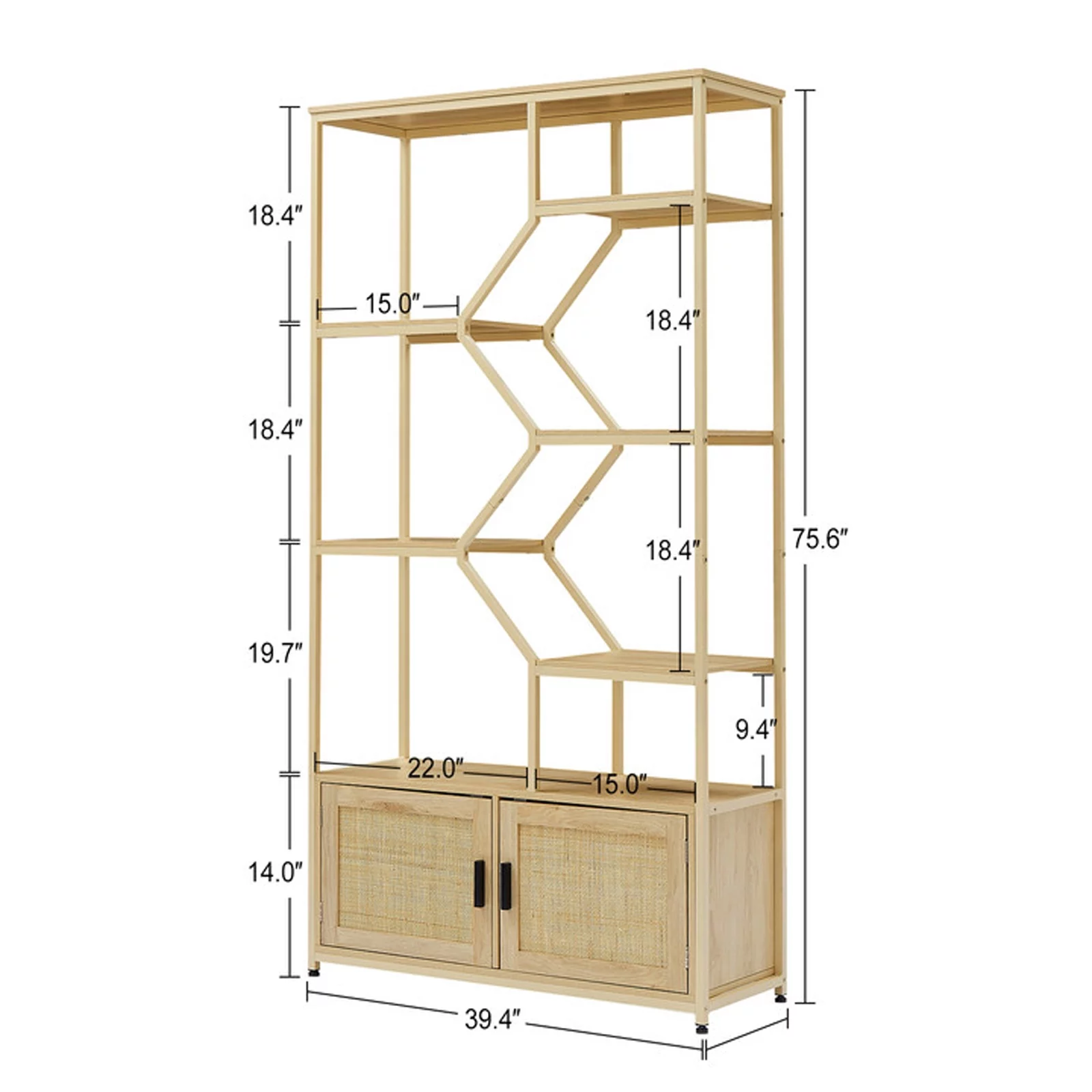 YISUYA Rattan Bookshelf 7 Tiers Bookcases Storage Rack, Rattan Bookshelf with Storage Cabinet, 7 Tiers Bookcases Storage Shelf with Doors