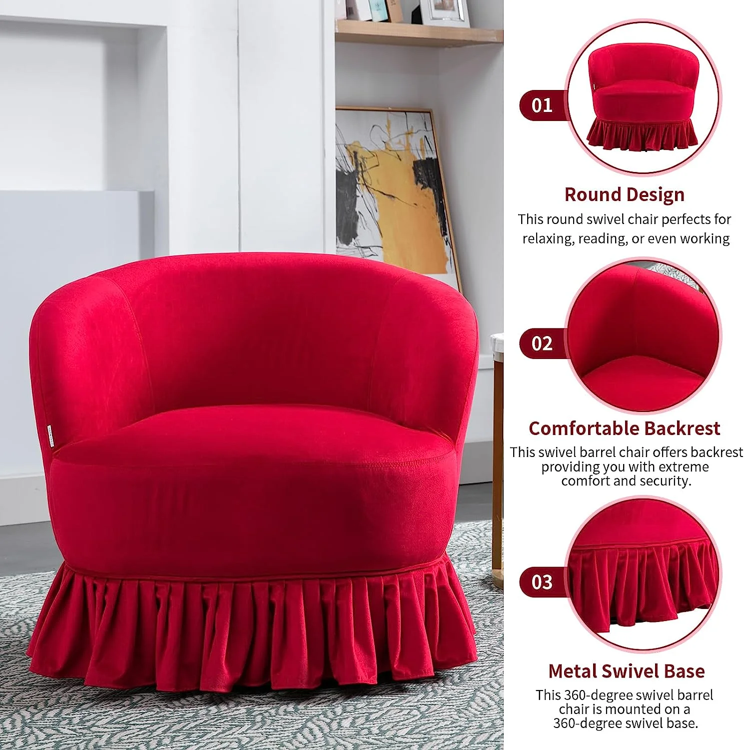 Tabaray Swivel Barrel Chair with Pleated Skirt, 360 Degree Swivel Barrel Club Chair, Comfy Velvet Round Sofa Chair for Living Room