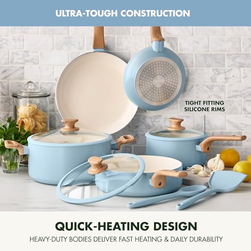 GreenPan Rio Essence Wood 10 Piece Cookware Pots and Pans Set, Healthy Ceramic Nonstick, PFAS PFOA Free Coating, Induction, Silicone Rim Lids