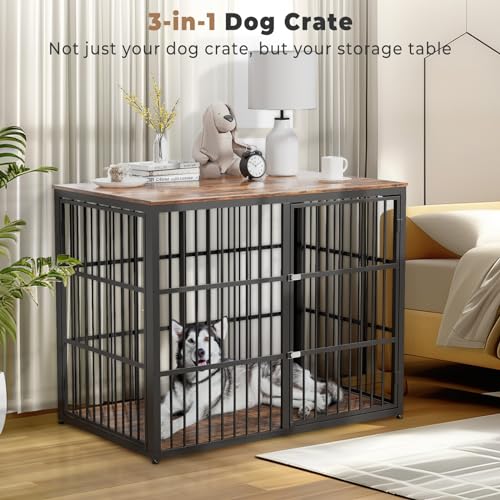 43'' Dog Crate Furniture with 3 Doors, XL Wooden Crate End Table Heavy Duty Indoor Puppy Cage for Medium to Large Dogs, Multiple Units Can be Combined