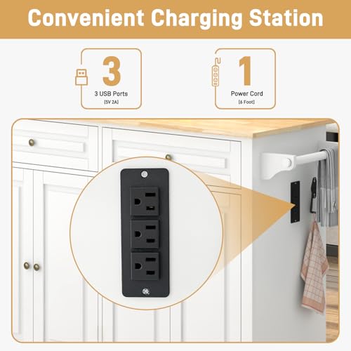 55" Movable Kitchen Island with Drop Leaf and Power Outlet, Rolling Island Cart w/Storage Cabinet, Island Table on Wheels for Kitchen w/2 Drawers