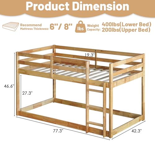 Bunk Bed Twin Over Twin, Wood Low Profile Floor Twin Bunk Beds with Ladder Guardrails for Kids Boys and Girls, No Box Spring Needed