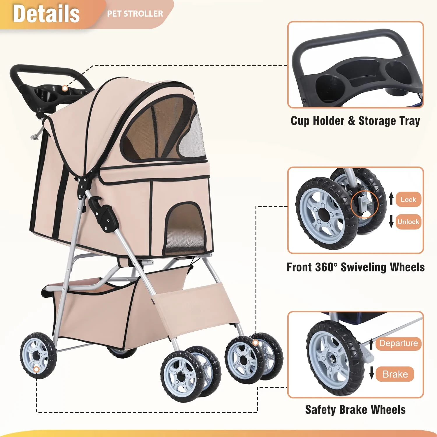 BestPet Pet Stroller Cat Dog Cage Stroller Travel Folding Carrier,Beige - Curated Treasures Market