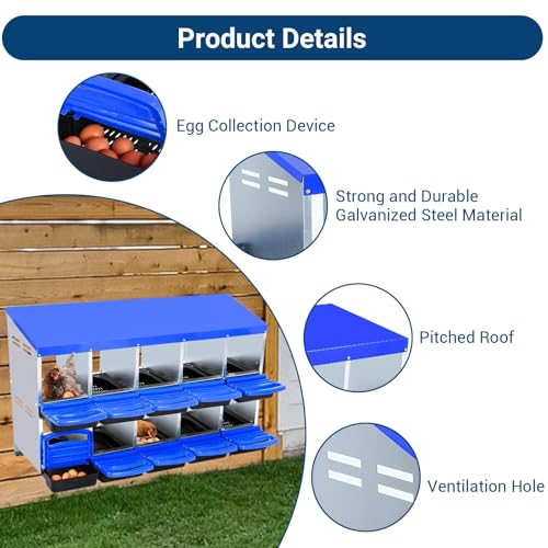 Chicken Nesting Box, 10 Hole 2 Layer Hen Nest Box with Legs, Roll Away Eggs Laying Boxes,Cleanable Pull Out Hen Roosting Boxes