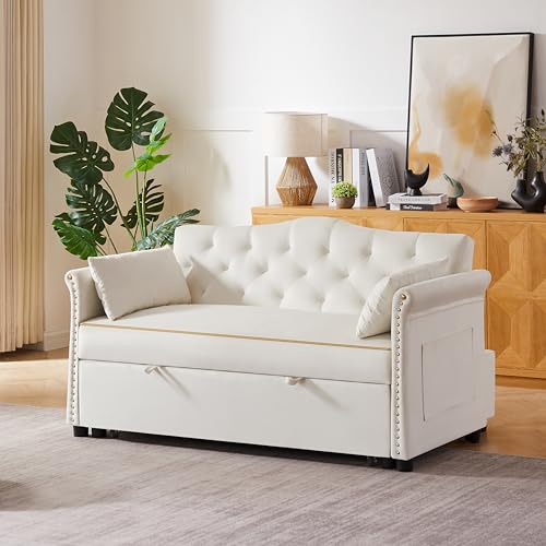 68.11" Corduroy Sleeper Chair Bed with USB Port, Cup Holders & Side Storage Pockets – 3-in-1 Foldable Sofa Bed for Guest Room, Living Room – White