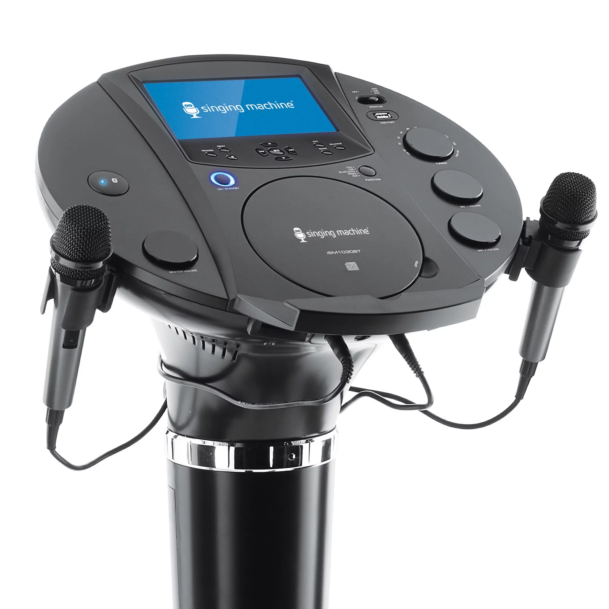 Singing Machine ISM1030BT Bluetooth Pedestal Karaoke System with Resting Tablet Cradle and 7"LCD Color Monitor and Two Microphones, Black