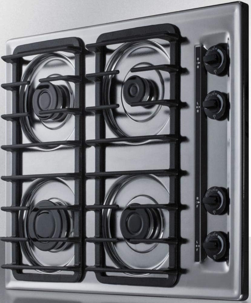Summit Appliance ZTL033S 24" Wide 4-Burner Gas Cooktop in Brushed Chrome with Cast Iron Grates, Push-to-turn Knobs, Removable Burner Caps