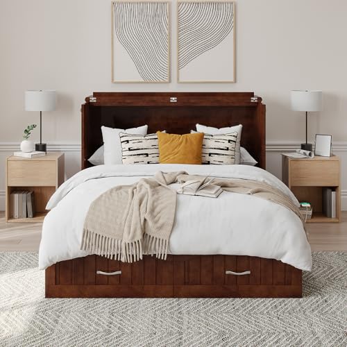 AFI Southampton Queen Murphy Bed Chest with Mattress, Storage, and Built-in Charger in Grey