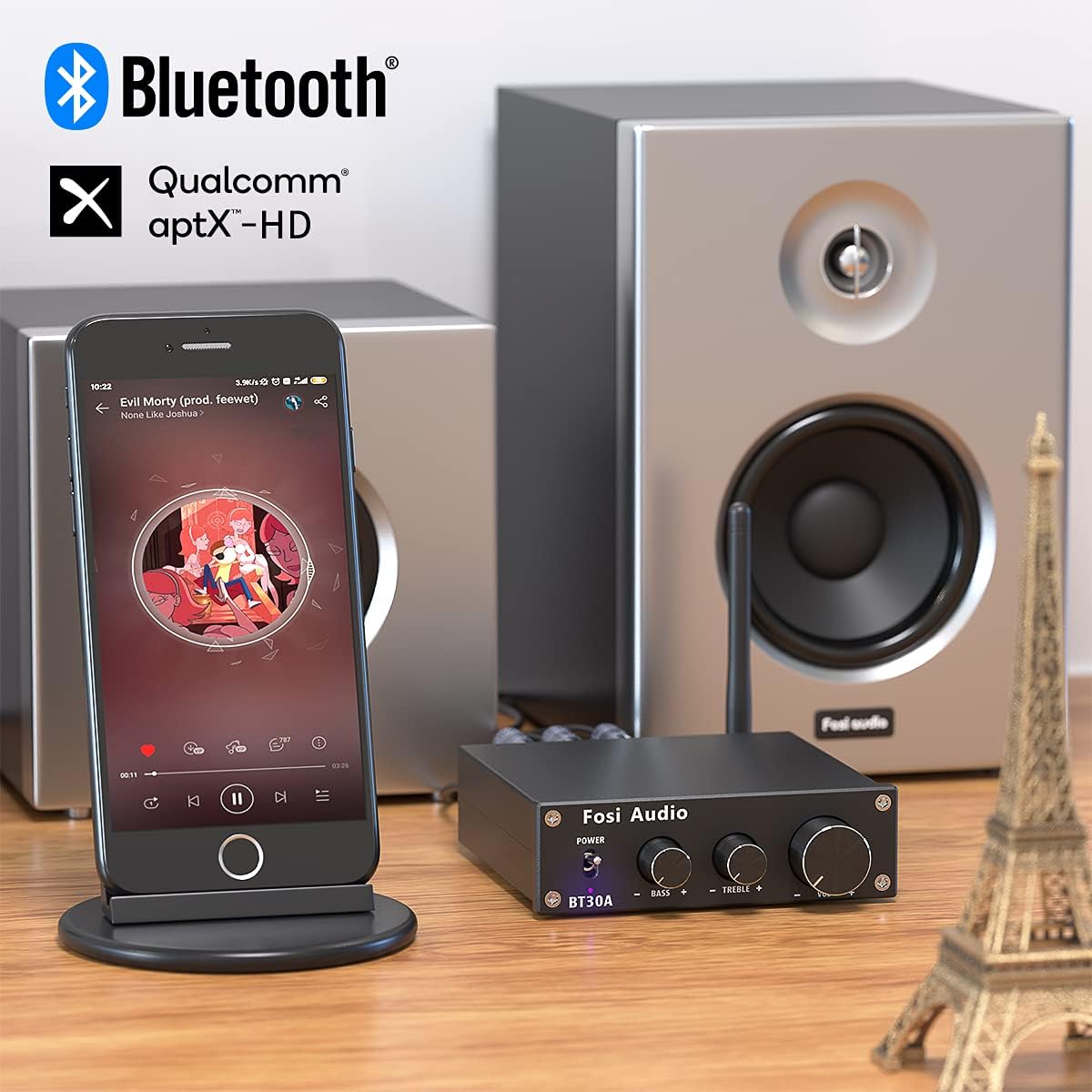 Fosi Audio BT30A Bluetooth 5.0 Stereo Audio Amplifier 2.1 Channel Receiver Class D Mini Hi-Fi Integrated Digital Amp with Bass and Treble Control
