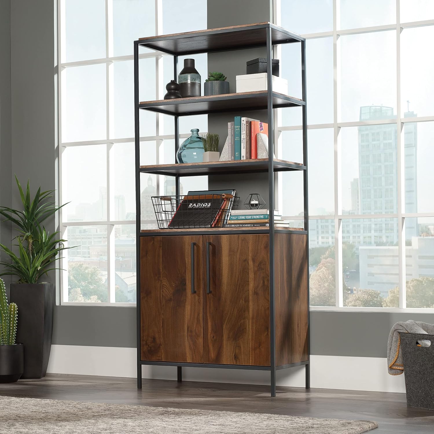 Sauder Nova Loft Bookcase with Doors, L: 33.07 x W: 17.32 x H: 75.98, Grand Walnut Finish
