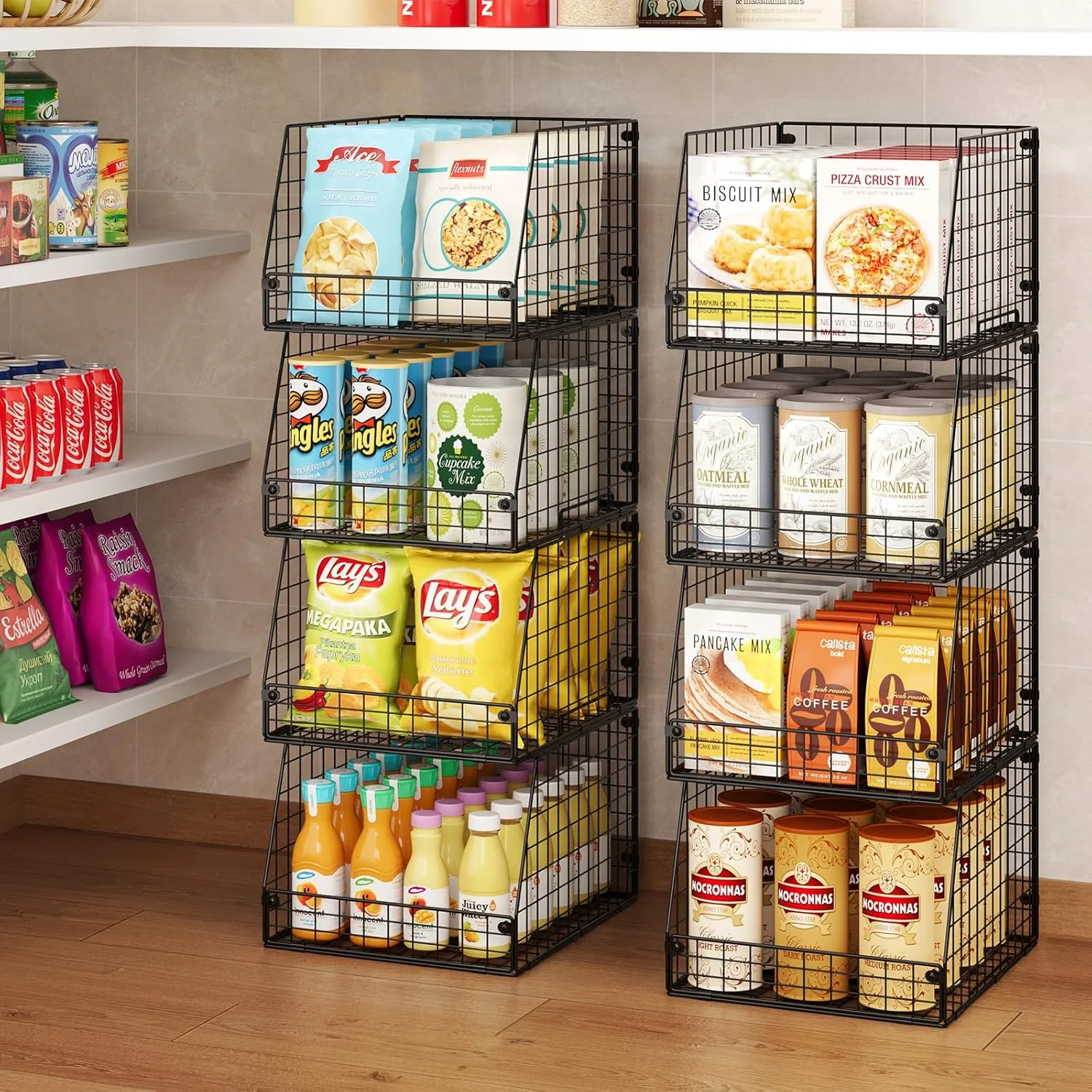 4 Pack XXL Stackable Wire Storage Basket, Extra Large Capacity Pantry Organizer and Storage, Muti-Purpose for Fruit Vegetable Basket &amp