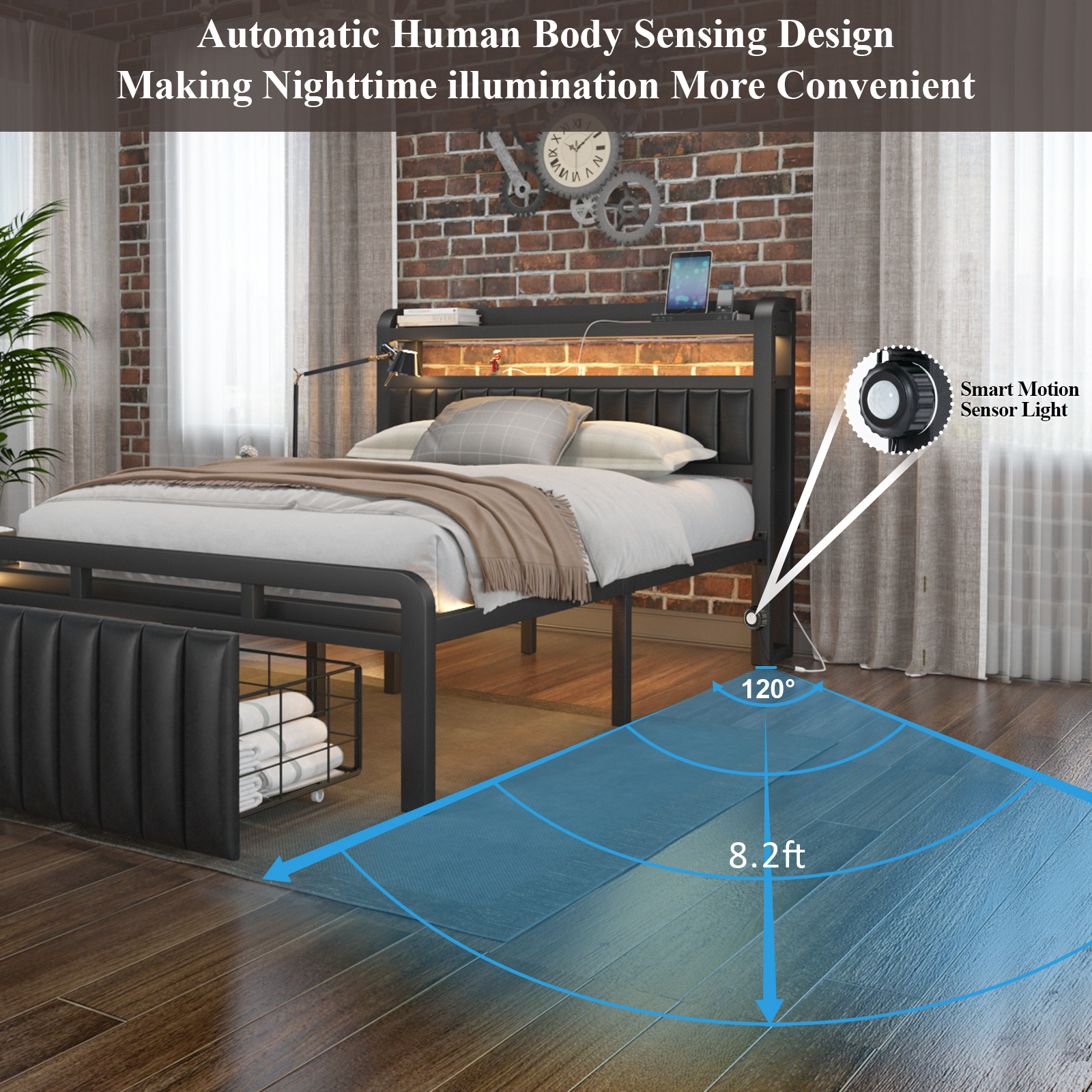 LoVinson Full Bed Frame with Storage Headboard and LED Sensor Lights, Upholstered Headboard with Charging Station, Metal Platform Bed with Drawers