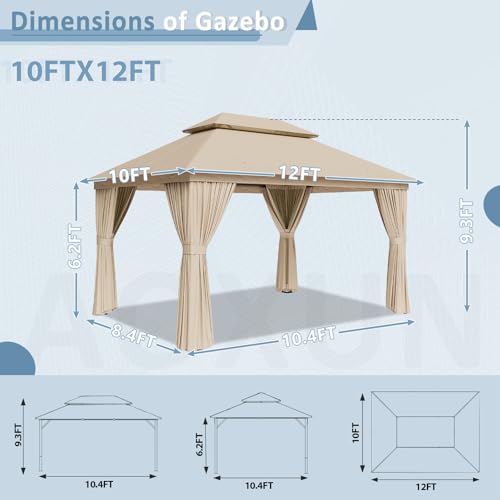 Aoxun 10'x12' Outdoor Patio Gazebo, Heavy Duty Party Tent with Wind-Resistant Ropes