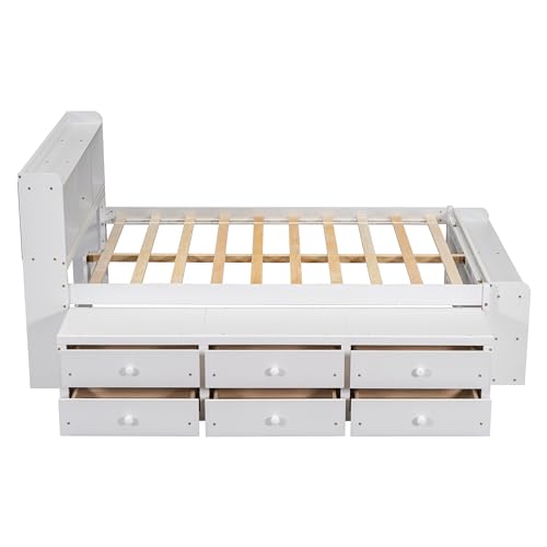 SOFTSEA Full Size Platform Bed with Storage, Platform Bed with Drawers and Bed End Case, Wood Platform Bed Frame with Storage Bookcase Headboard
