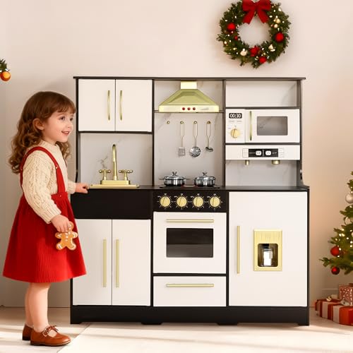 Kinder King Wooden Kids Play Kitchen, Toy Kitchen Playset for Toddler, Play Kitchen Set w/Real Sounds, Pretend Coffee Machine, Kitchen Hood, Sink